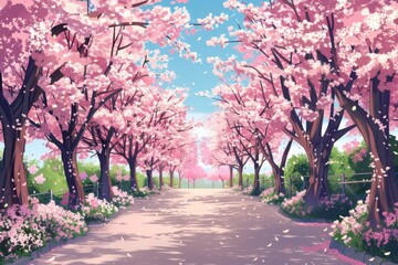 Stroll down a serene pathway lined with cherry blossom trees in full bloom, an idyllic scene of natural beauty.