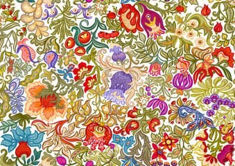 Naklejka premium Fantasy, alien flowers, decorative flowers and leaves. Cartoon style. Millefleurs trendy floral design. Seamless pattern, background. Vector illustration.
