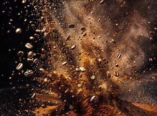 Cinematic, realistic photo of coffee powder and seeds exploding on a black background in a high angle shot with studio lighting and volumetric light