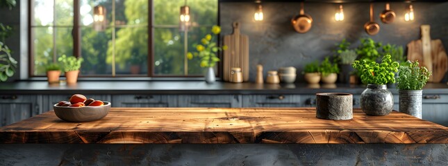 Empty wooden board on a table with a blurred background of a modern kitchen interior, a mockup for a product display. Empty podium counter wood background kitchen board desk restaurant top white light