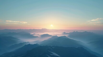 Cinematic shot of mountains, sunset, beautiful, foggy, sun in the background
