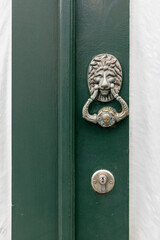 Brass knocker in the shape of a lion on a green door.