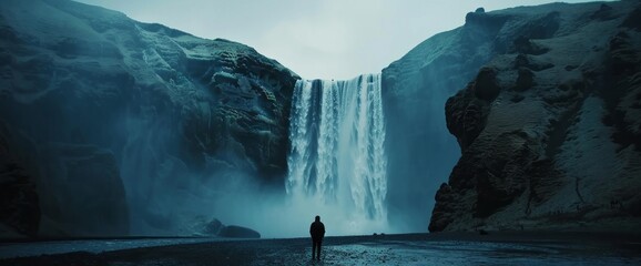 cinematic shot of waterfall in Iceland, extreme long shot