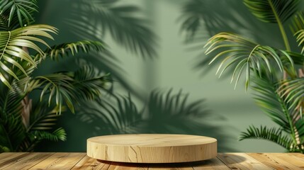 A wooden podium set against a green background, adorned with large palm leaves.