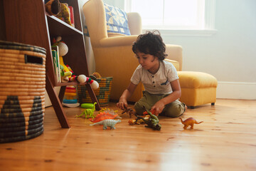 Cute young boy playing with colourful animal toys. at home