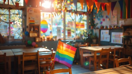 Classroom with a small pride flag hanging among other decorations