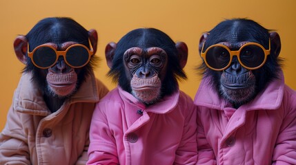 This is a creative animal concept. A group of apes in funky and wild mismatched attire isolated on a background with bright color and copy space. This is a birthday party invitation banner.