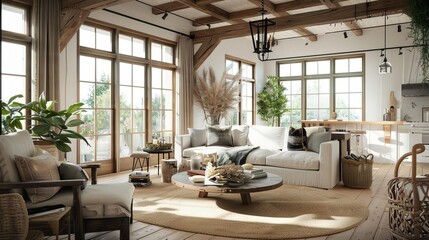 inviting farmhouse living room with cozy furnishings and rustic charm 3d illustration