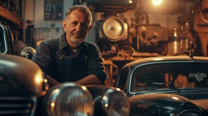 The picture of the adult mechanic looking at the camera with the vintage car in the automobile workshop that use for checking and repairing the various vehicle that need to use the experience. AIG43. - Powered by Adobe