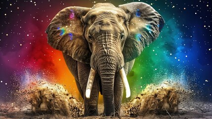   Elephant in field with rainbow sky and stars above