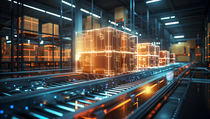 Smart warehouse management system using augmented reality technology to identify package picking and delivery . Future concept of supply chain and logistic busines