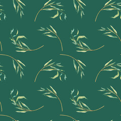Watercolor seamless pattern fresh foliage weeping willow tree. Nature landscape, simple tree branches with green leaves isolated on green. Hand drawn botanical illustration green tones