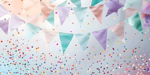 Colorful bunting and confetti create a festive and joyous party atmosphere. Concept Party Decor, Colorful Bunting, Confetti, Festive Atmosphere, Joyful Celebration