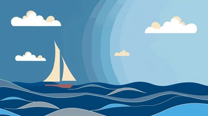 Naklejka premium A minimalist artistic depiction of a single sailboat navigating through stylized blue ocean waves under a serene sky with sunbeams.
