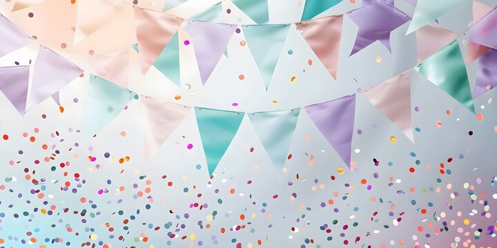 Colorful bunting and confetti create a festive and joyous party atmosphere. Concept Party Decor, Colorful Bunting, Confetti, Festive Atmosphere, Joyful Celebration