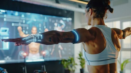 A gym member receiving a personalized stretching routine from their virtual AI coach based on their workout for the day.