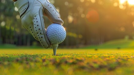 Close-up of a golfer's hand in glove as he puts a golf ball on tee on a green field.