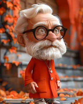 3D Cartoon of Indian Saint Political Leader: White Hair and Beard in Orange Clothes