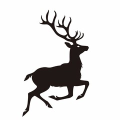 A black and white deer with antlers is running across a white background