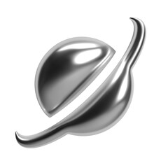 3D Y2K chrome abstract shape of a planet with a ring, shiny metallic glossy silver surface. Isolated render vector element for retro futuristic design, cyber space, and galaxy aesthetic, sci-fi