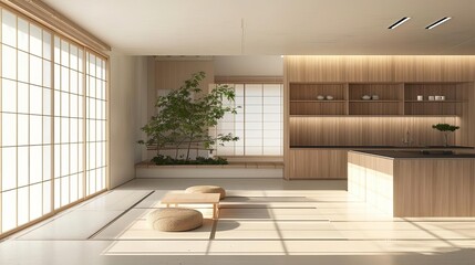 modern japanese minimalist interior with sleek kitchen tatami mats and hidden shoji screens 3d illustration