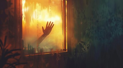 mysterious hand reaching through window frame surreal conceptual illustration digital painting