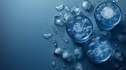 Three transparent glasses filled with ice cubes resting on a wooden table