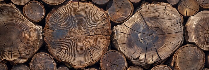 Fototapeta premium A close-up portrayal of numerous cut timber logs with visible annual growth rings and wood textures