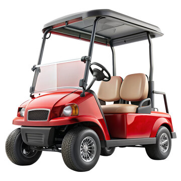 A modern red electric golf cart with beige seats for recreational sport and leisure transportation. This 3D illustration of a golf buggy is isolated on a clean white background.