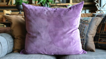   A couch with a purple pillow on top sits beside a wooden shelf and potted plant above it