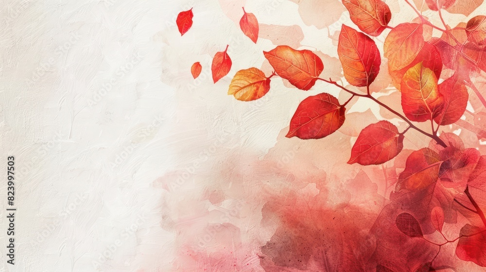 Sticker Poster design. Minimalism, empty space decorated with autumn red-yellow leaves. Watercolor texture background.