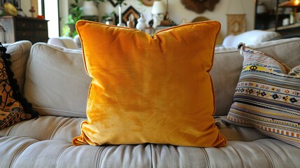   A yellow cushion rests atop a white sofa beside a white pillow