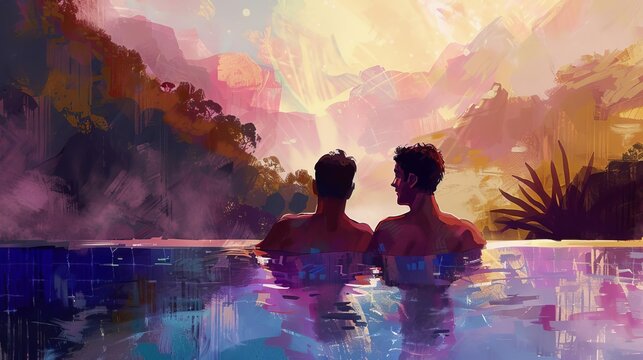 queer couples serene escape gay partners embracing tranquility on wellness retreat getaway digital painting 13