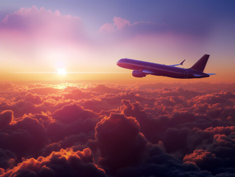 A large jet is flying through a cloudy sky with a beautiful sunset in the background.