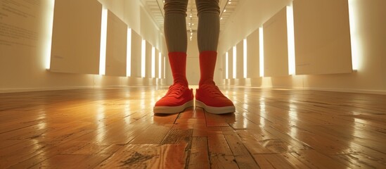 Modern Art Gallery Exhibit Mismatched Socks Installation with Red Sneakers
