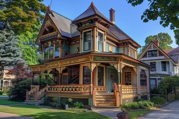 Obraz premium : A classic Victorian-style suburban house with intricate woodwork, colorful exterior paint, and a wraparound porch, set in a picturesque neighborhood street.