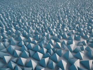 Image displays vast array of identical three-dimensional pyramids arranged in perfect grid that extends towards horizon, creating visually striking pattern. Pyramids appear to be solid.