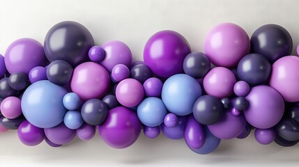   A wave of purple, blue, and purple balloons on a white wall