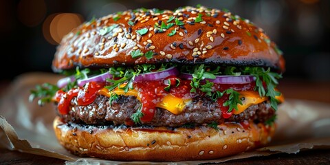 Closeup shot of a hamburger on a wooden cutting board