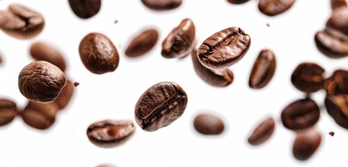Obraz premium Closeup of coffee beans flying in the air on a white background