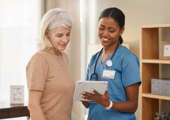 Mature woman, nurse and tablet in cardiovascular, healthcare or wellness with patient records....
