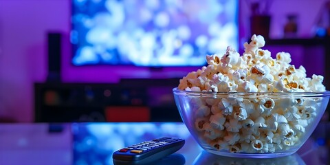 Watching TV with popcorn in a bowl on a glass table. Concept Family Time, Snack Night, Cozy Evenings, Entertainment at Home, Relaxing Atmosphere