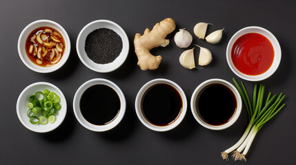 ingredients for Chinese sauce in white bowls on a black background, including ginger, garlic, scallions, and red chili peppers. Dark brown soy sauce.  - Powered by Adobe