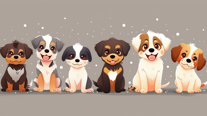 Obraz premium group of cute little puppies of different breeds on a gray background. flat illustration. Puppy Day