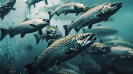 A school of fish swims in the sea. A large group of salmon fish swim in the open sea. Animals, freedom concept.