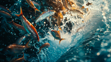 Close-up of a school of fish jumping out of the water. A large group of fish swims and frolics in the open sea on a sunny day. Nature concept. - Powered by Adobe