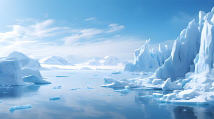 Icebergs floating in the ocean Global warming concept 3D rendering Blue Ice covered mounBlue Ice-Covered Mountains and Floating Icebergs: Antarcttains in south polar ocean Winter Antarctic landscape, 