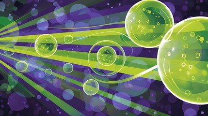   Green Bubbles - Painting of green bubbles on purple-green background with rays of light emanating from them