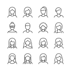 Women, linear style icons. Female faces with different hairstyles and images. Avatars. Variety of hairstyles and styles. Editable stroke width.