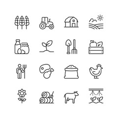 Agriculture and Farming, linear style icon set. Farm, crops, livestock, machinery and rural scenery. Planting to harvesting yields. Farmer, produce and the cultivation lifestyle. Editable stroke width